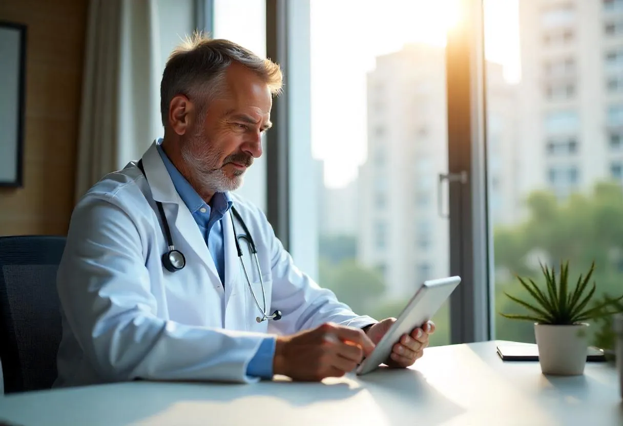 Doctor reviewing feedback on tablet